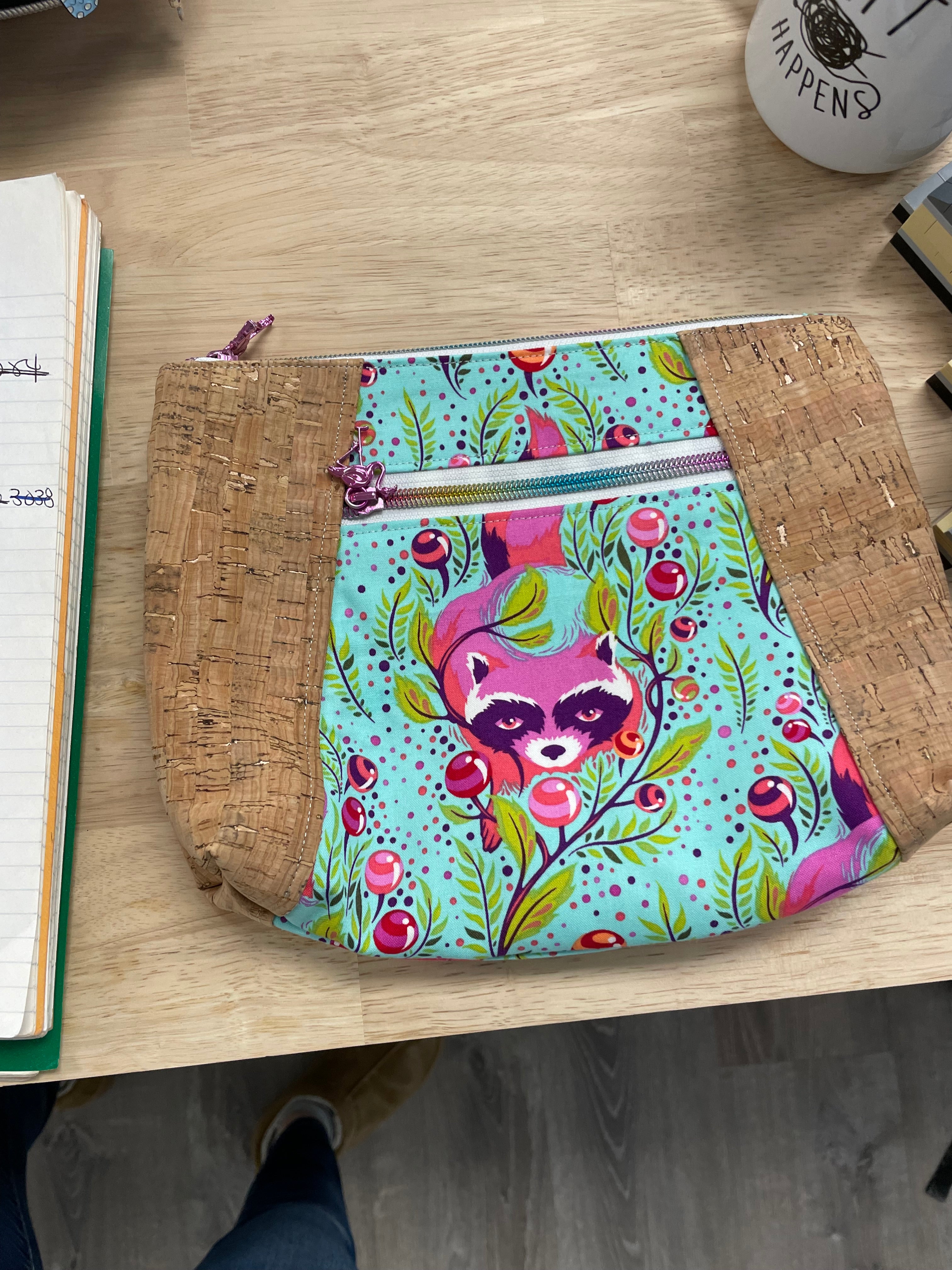 Sock project double-zipper pouch with cork